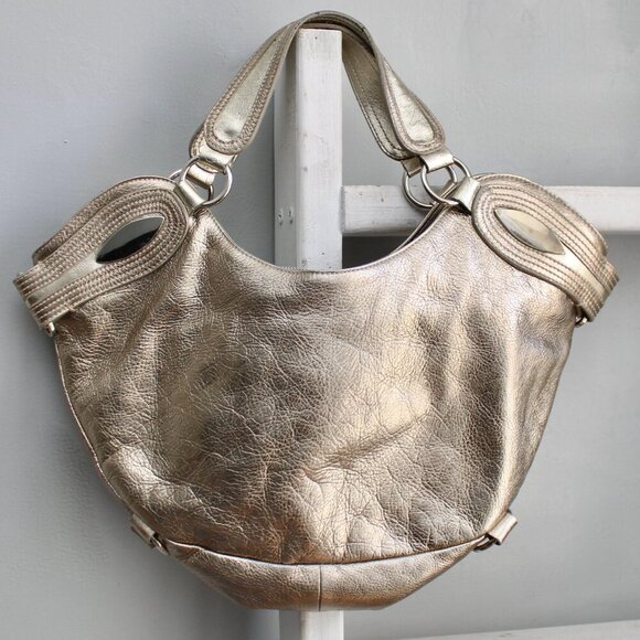 Capoverso Vintage Y2K Metallic Gold Leather Large Hobo Shoulder Bag Purse - Picture 1 of 9
